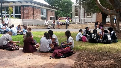 Australian students in their final year of high school take a break during a conference about what to do after graduation. The country is trying to boost its high school completion rates to 90 percent. (Photo: Sarah Butrymowicz)